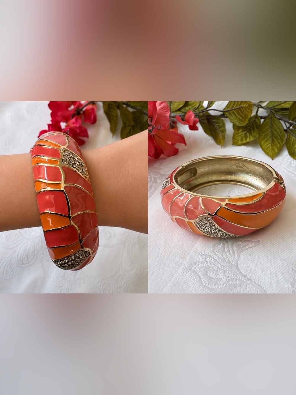 Sequin NYC Brand Bangle Bracelet Orange Pink CZ Goldtone 1.5" Wide Bangle NEW